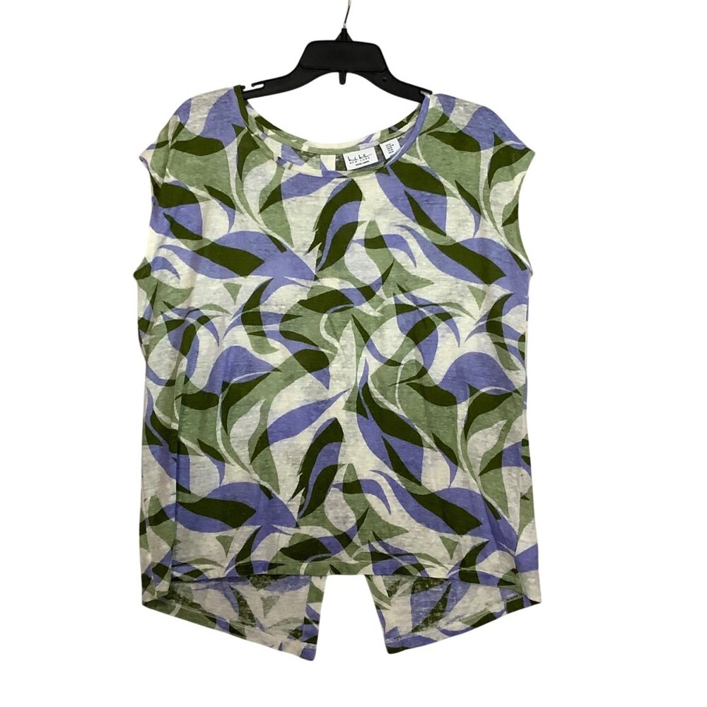 Nicole Miller New York Women Small 100% Linen Button Back Top Blouse Print
